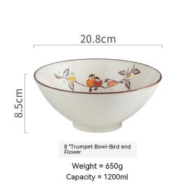 Creative Trumpet Bowl Ceramic Large Rain-hat Shaped Bowl (Option: 8inch Bowl Flowers And Birds)