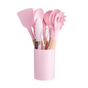 11pcs Wooden Handle Silicone Kitchen Utensils Set Storage Bucket Non-stick Shovel Spoon Cooking Kitchen Utensils 11 Pieces Set Silicone Shovel Spoon (Color: Pink)